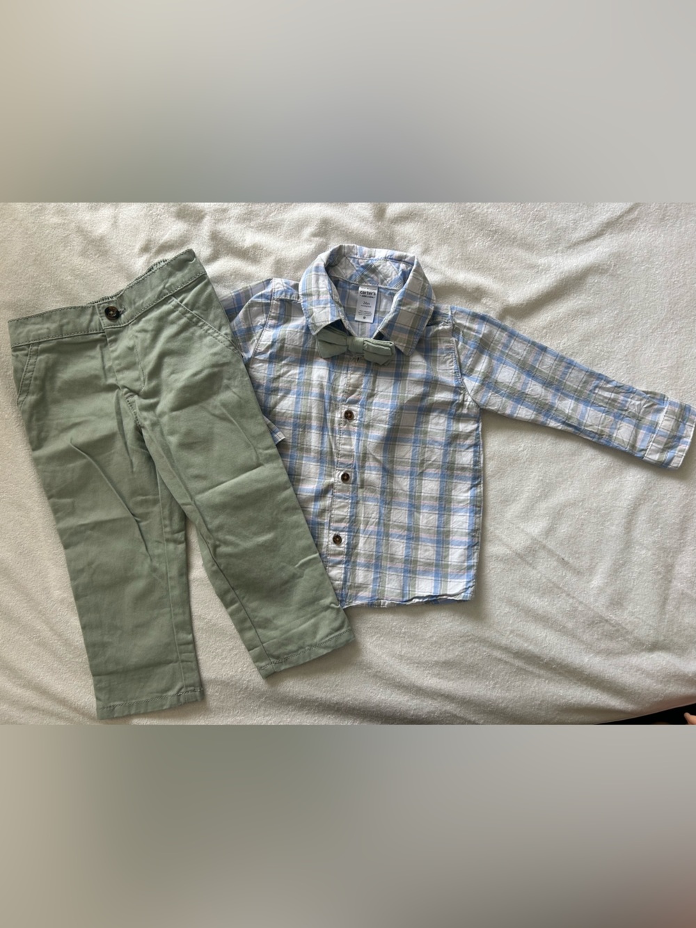 Baby Boys Light Green Chinos with Blue Plaid Button-Up Shirt and matching Bowtie